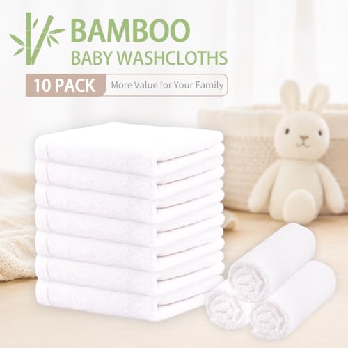 Baby Washcloths 10 Pack Rayon from Bamboo Ultra Soft Absorbent Terry Wash Cloth 10" x 10" Bath Towels for Face Burp Wipes Reusable Lightweight Newborn Essentials Shower Gift Set - color: White