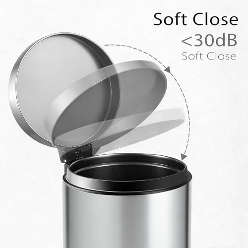 TIPGO Small Bathroom Trash Can with Lid Soft Close, 1.2 Gal, Silver | Hands-Free Step Pedal, Removable Inner Bucket, 4.5 Liters, Round Stainless Steel Garbage Can for Bedroom, Office, Kitchen - color: Silver