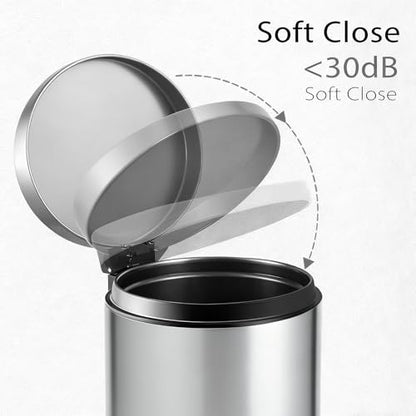 TIPGO Small Bathroom Trash Can with Lid Soft Close, 1.2 Gal, Silver | Hands-Free Step Pedal, Removable Inner Bucket, 4.5 Liters, Round Stainless Steel Garbage Can for Bedroom, Office, Kitchen - color: Silver