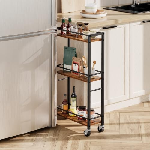MAHANCRIS Slim Rolling Cart, Mobile Kitchen Cart on Wheels, Narrow Storage Cart for Small Space, Small Bar Cart, for Bathroom, Laundry, Living Room, Rustic Brown RCHR1501Z - color: Rustic Brown