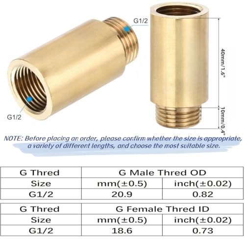 Shower Head Extension Arm, 2 Pack Brass G1/2 Male to G1/2 Female Thread 50mm Length Pipe Fitting Coupler Copper Shower Head Extender with 8M PTFE Pipe Sealant Tape - style: 50mm