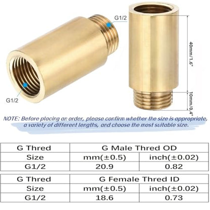 Shower Head Extension Arm, 2 Pack Brass G1/2 Male to G1/2 Female Thread 50mm Length Pipe Fitting Coupler Copper Shower Head Extender with 8M PTFE Pipe Sealant Tape - style: 50mm