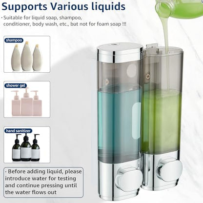 Pollock Pollock Shampoo and Conditioner Dispenser Wall Mounted | Shower Soap Dispenser 2 Chamber No Drill, Shampoo Dispenser for Shower, Body Wash Dispenser for Bathroom, Large Capacity - color: Silver Dg2 Chamber