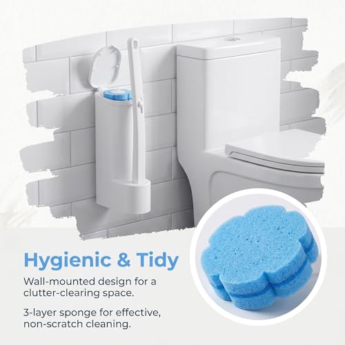 Disposable Toilet Brush and Holder Set, Dual Wands Starter Kit with 24 Refill Pads, Wall Mounted Toilet Bowl Cleaner with Integrated Solution for Deep Bathroom Maintenance