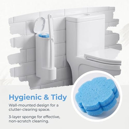 Disposable Toilet Brush and Holder Set, Dual Wands Starter Kit with 24 Refill Pads, Wall Mounted Toilet Bowl Cleaner with Integrated Solution for Deep Bathroom Maintenance