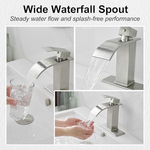 Bathroom Sink Faucet Waterfall Single Handle with Deck Plate | Brushed Nickel,Pop Up Drain,Single Hole,Precise Water Adjustment,Rust-resistant Construction,Easy to Clean,Long-lasting Use - color: Brushed Nickel, size: Modern Bathroom Sink Faucet