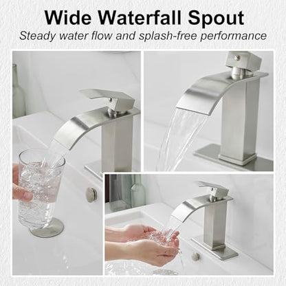 Bathroom Sink Faucet Waterfall Single Handle with Deck Plate | Brushed Nickel,Pop Up Drain,Single Hole,Precise Water Adjustment,Rust-resistant Construction,Easy to Clean,Long-lasting Use - color: Brushed Nickel, size: Modern Bathroom Sink Faucet