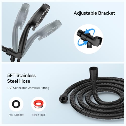 VOXON Shower Head 10 Functions, High Pressure Handheld Shower Head, Built-in 2 Power Wash Mode to Clean Corner, Non-Clogging Nozzles, Leakproof Stainless Steel Hose&Metal Bracket, Black - color: Black