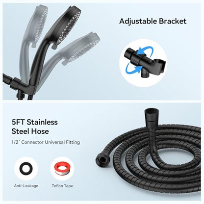 VOXON Shower Head 10 Functions, High Pressure Handheld Shower Head, Built-in 2 Power Wash Mode to Clean Corner, Non-Clogging Nozzles, Leakproof Stainless Steel Hose&Metal Bracket, Black - color: Black