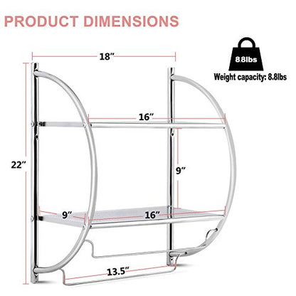 Wall Mounted Bathroom Shelf with Towel Bars,2 Tier Towel Rack, Rustproof Chrome Wall Storage Shelves for Home Bathroom Toilet