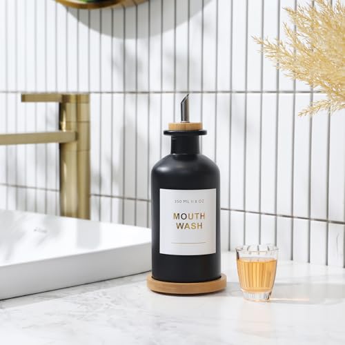 11.8OZ Glass Mouthwash Dispenser for Bathroom, Black | Stainless Steel & Bamboo Nozzle, Mouthwash Cup Reusable, Bamboo Tray, Elegant Gold Sticker - color: Black/350*1