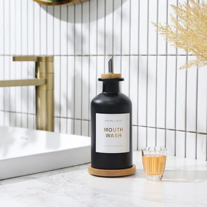 11.8OZ Glass Mouthwash Dispenser for Bathroom, Black | Stainless Steel & Bamboo Nozzle, Mouthwash Cup Reusable, Bamboo Tray, Elegant Gold Sticker - color: Black/350*1