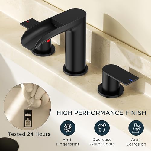 FORIOUS Bathroom Faucet 3 Hole Widespread Sink 8 Inch 2 Handle Matte Black | 3-hole 6-12 Inch Widespread Sink, Waterfall Faucets, with Drain and Hoses,for Vanity Rv Commercial Lavatory Restroom Basin - color: Matte Black