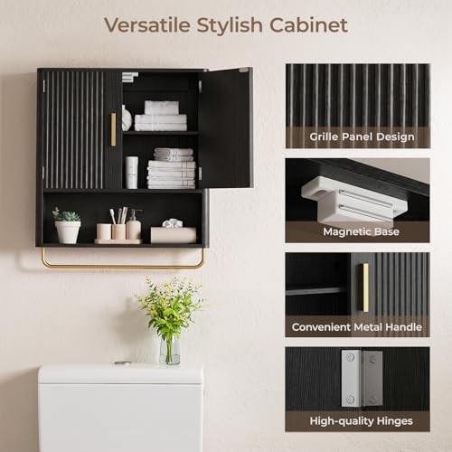 Bathroom Wall Cabinet, Medicine Cabinet with Fluted Door & Adjustable Shelf | Over The Toilet Storage Cabinet with Towel Bar, Space-Saving Cabinet Wall Mount for Laundry Room, Kitchen, Living Room - color: Black