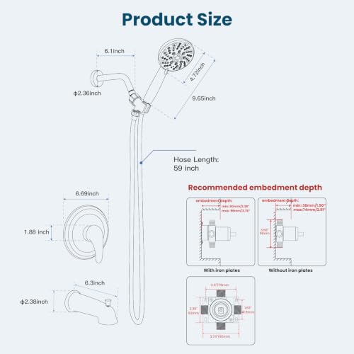 gotonovo Tub Shower Faucet Set with Valve 6 Mode Handheld Brushed Gold | Bathtub Faucet Set,6 Mode ABS Handheld Spray,6.3’’ Metal Tub Spout,Brass Valve Trim Kit,Shower Head and Handle Kit,Wall Mount - color: Gold