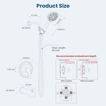 gotonovo Tub Shower Faucet Set with Valve 6 Mode Handheld Matte Black | Bathtub Faucet Set,6 Mode ABS Handheld Spray,6.3’’ Metal Tub Spout,Brass Valve Trim Kit,Shower Head and Handle Kit,Wall Mount - color: Matte Black