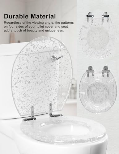 Angol Shiold ROUND Resin Toilet Seat Soft Close Silver Foil 16.5" | Quick Release Heavy Duty Acrylic Decorative Toilet Seats Easy to Install&Clean (Silver Foil) - color: Silver Foil
