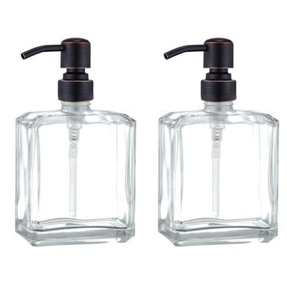 Square Clear Glass Dish Soap Dispenser Set 2 Pack, Oil Rubbed Bronze Refillable Hand Soap Dispenser with Rust Proof Stainless Steel Pump 2 x 13.5 oz Lotion Dispenser for Bathroom Vanity Kitchen - color: Oil Rubbed Bronze, size: 2X13.5oz-Square