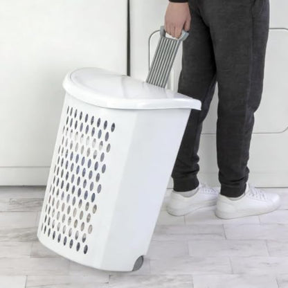 Plastic Laundry Basket, Clothes Hamper with Lid & Wheels, Dirty Clothes Hamper with Handle for Laundry room, Bathroom, Dormitory, White