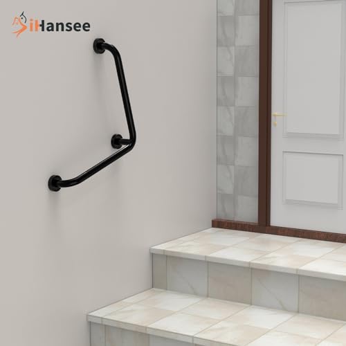 Black Angled Grab Bar 16x16 Inch, Stainless Steel Bathroom Grab Bar w/Anti-Slip Knurled Grip, Wall Mounted Bathtub Toilet Safety Handrail for Elderly Senior, L-Shaped Grab Bar for Shower | Black Bathroom Grab Bar for Senior Elderly, Stainless Steel Handic