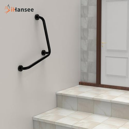 Black Angled Grab Bar 16x16 Inch, Stainless Steel Bathroom Grab Bar w/Anti-Slip Knurled Grip, Wall Mounted Bathtub Toilet Safety Handrail for Elderly Senior, L-Shaped Grab Bar for Shower | Black Bathroom Grab Bar for Senior Elderly, Stainless Steel Handic