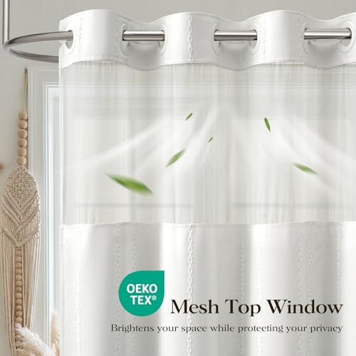 72x87 Ringless Boho Stripe Tassel Shower Curtain with Snap Liner White | Extra Long Size, Heavy Duty Linen Blend, 3 in 1 Shower Curtain Set, Farmhouse Style, Waterproof & Washable, Mesh Top Window - color: White, size: 72"W x 87"L (Pack of 1)