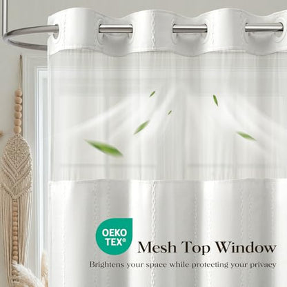 72x87 Ringless Boho Stripe Tassel Shower Curtain with Snap Liner White | Extra Long Size, Heavy Duty Linen Blend, 3 in 1 Shower Curtain Set, Farmhouse Style, Waterproof & Washable, Mesh Top Window - color: White, size: 72"W x 87"L (Pack of 1)
