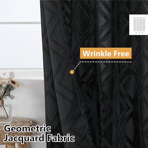 Black Shower Curtain Set, Jacquard Geometric Textured Fabric Boho Shower Curtains for Bathroom, Soft Hotel Style Farmhouse Shower Curtain Grommet Top 12 Hooks, Machine Washable, 72x72, Black - color: Black, size: 72"W x 72"L (Pack of 1)