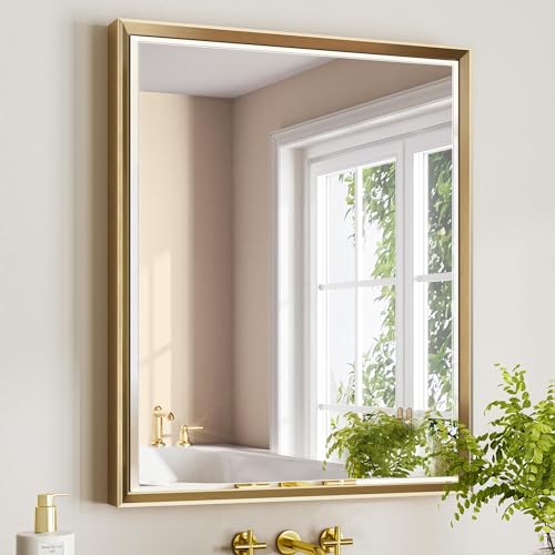 Gold Bathroom Mirror, 30x36 Brushed Gold Bathroom Mirror Beveled Edge, Gold Framed Rectangle Bathroom Vanity Mirror, Anti-Rust Brushed Brass Metal Frame Wall Mirror Vertical/Horizontal - color: Brushed Gold, size: 36"L x 30"W