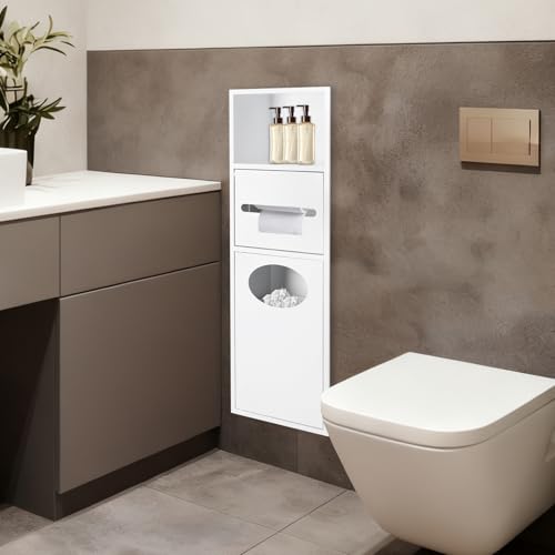 Recessed Toilet Paper Holder, Stainless Steel Shower Niche, Recessed Wall Niche, in-Wall Trash Bin Cabinet, Toilet Storage Cabinet with Trash Can for Bathroom - White - color: White