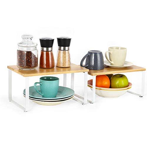 NEX Bamboo Kitchen Cabinet and Counter Shelf Organizer, Stackable & Expandable, Set of 4, White and Natural | Stackable & Expandable Spice Rack, Space-Saving Pantry Organizers Bathroom Countertop Storage, White and Natural - color: Cloud White + Natural B