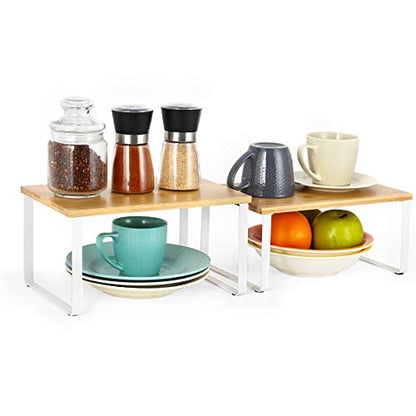 NEX Bamboo Kitchen Cabinet and Counter Shelf Organizer, Stackable & Expandable, Set of 4, White and Natural | Stackable & Expandable Spice Rack, Space-Saving Pantry Organizers Bathroom Countertop Storage, White and Natural - color: Cloud White + Natural B