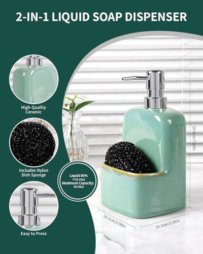 BosilunLife Dish Soap Dispenser - Sage Green Ceramic Kitchen Soap Dispenser with Sponge Holder Matte Ceramic Soap Daddy Dispenser 20oz for Kitchen Soap Pump and Sponges Caddy - color: Sage Green