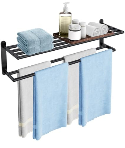 Double Towel Racks for Bathroom, Towel Shelf with Double Towel Bar 32 inch, Towel Rack with Shelf for Bathroom, Stainless Steel Towel Holder Wall Mounted, Towel Storage for Bathroom Lavatory Black - size: 32 Inch