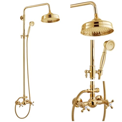 gotonovo Exposed Shower System Wall Mount,Polish Gold,Metal Handheld | 8” Rain Shower Head Faucet Set Fixtures,2 Function,Two Cross Handle,Height Adjustable,for 5-6.7" Hole,Indoor Victorian Retro - color: Bright Gold