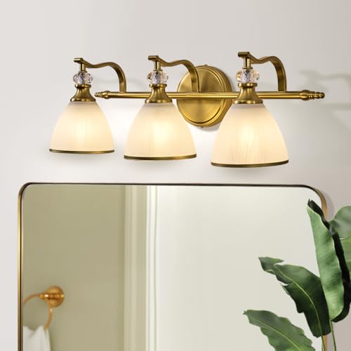 ANDY STAR Bathroom Light Fixture, 3-light Brass Vanity Light, Vintage Bathroom Lights Over Mirror with Crystal Beads, Wall Sconce Lighting with Frosted Milky Glass Shade, E26 Base (Bulbs Not Included) - color: Gold, size: 3-Light