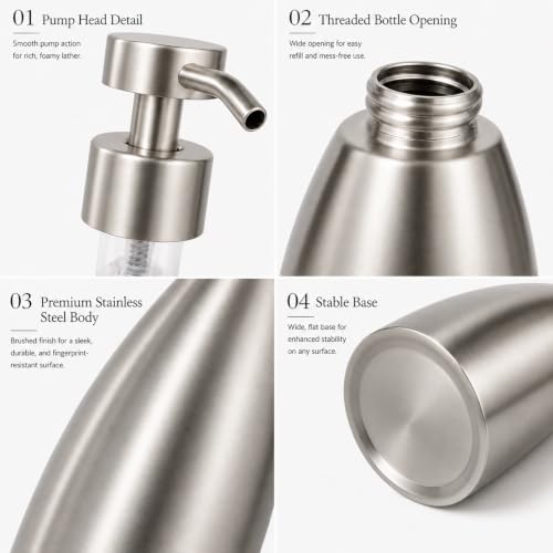 500ml Stainless Steel Foam Soap Dispenser, 17oz Refillable Brushed Nickel Hand Soap Pump Bottle for Bathroom Kitchen Sink, Rustproof Foaming Soap Dispenser for Dish Soap, Hand Wash & Lotion