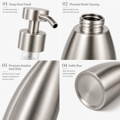 500ml Stainless Steel Foam Soap Dispenser, 17oz Refillable Brushed Nickel Hand Soap Pump Bottle for Bathroom Kitchen Sink, Rustproof Foaming Soap Dispenser for Dish Soap, Hand Wash & Lotion