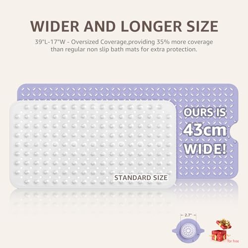 OTHWAY Bath Mat for Tub Non Slip: 39" X 17" Long Bathtub Mat with Hair Catcher│Big Drain Holes Shower Mats for Inside Shower│Machine Washable (Lavender) - color: Lavender