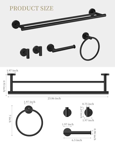 Matte Black Bathroom Hardware Accessories Set 5 pcs Towel Holder Bar Set | 24 inches Stainless Steel Towel Bar, Towel Racks for Bathroom Robe Towel Hooks Toilet Paper Holder Wall Mounted by BATHLAVISH - color: Matte Black