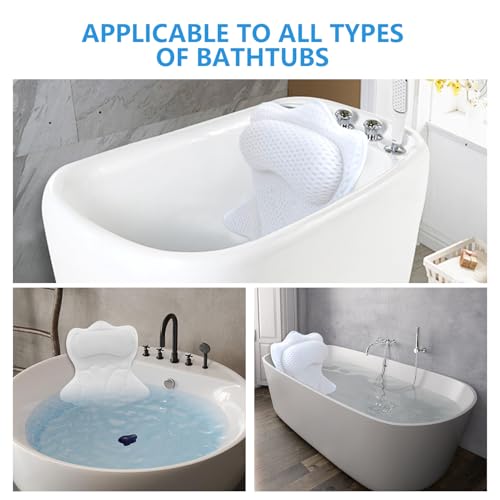 REEZEIVI Bath Pillows for Tub,Thick Neck Back Support Bathtub Cushion,White | 4D breathable body-fitting mesh, 6 strong anti-slip suction cups, machine washable & quick drying, durable for all bathtubs - color: White