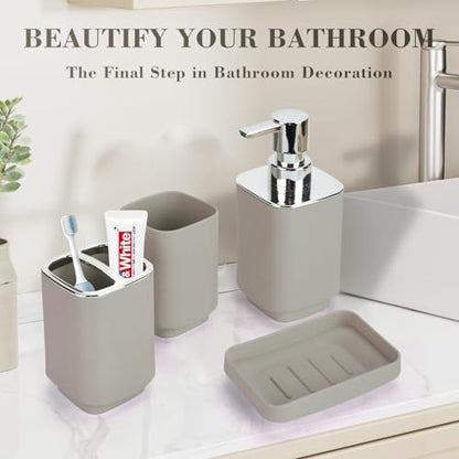 4Pcs Beige Bathroom Set, Square Boho Soap & Toothbrush Holder Set | Thick shatterproof ABS, electroplated rust-proof pump, drip-free, multi-slot holder, dustproof lids, easy-clean - color: Beige, size: 4PCS
