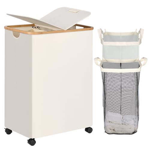 efluky Double Laundry Hamper with Wheels, Divided Laundry Hamper with Removable Bags, 2 Section Dirty Clothes Basket with Handles for Bathroom, Bedroom & Laundry Room, 160L Beige - color: Beige, size: 160L