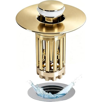 Anlige 3 in 1 Pop Up Bathroom Sink Stopper, Bathroom Sink Drain Strainer with Removable Basket Hair Catcher, Universal Sink Plug Cover for 1.06 in to 1.6 in Drain, Brushed Gold - color: Brushed Gold