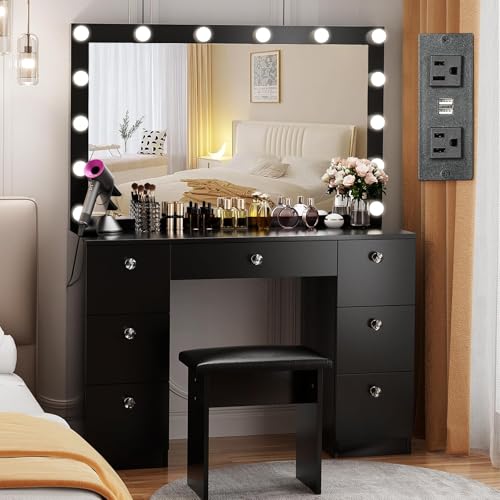 VOWNER Vanity with Lighted Mirror - Makeup Vanity Desk with Power Outlet and 7 Drawers, 3 Color Lighting Modes Adjustable Brightness, 44" Vanity Table with Soft Cushioned Stool for Women Girls, Black - color: Black