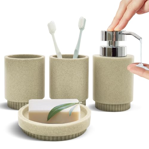 Resin Bathroom Accessories Set, 4 Pcs Modern Bathroom Accessory Set with Liquid Plastic Pump Lotion Soap Dispenser,2 Toothbrush Cup, Soap Dish Countertop Vanity Organizer (Beige) - color: Beige