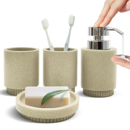 Resin Bathroom Accessories Set, 4 Pcs Modern Bathroom Accessory Set with Liquid Plastic Pump Lotion Soap Dispenser,2 Toothbrush Cup, Soap Dish Countertop Vanity Organizer (Beige) - color: Beige