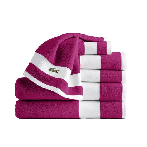 Lacoste Sport Stripe 6-Piece Luxury Cotton Towel Set – Made with 100% Soft Supima Cotton, Absorbent & Quick-Drying, Includes 2 Bath Towels, 2 Hand Towels, 2 Washcloths, Magenta - color: Magenta