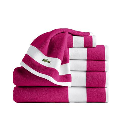 Lacoste Sport Stripe 6-Piece Luxury Cotton Towel Set – Made with 100% Soft Supima Cotton, Absorbent & Quick-Drying, Includes 2 Bath Towels, 2 Hand Towels, 2 Washcloths, Magenta - color: Magenta