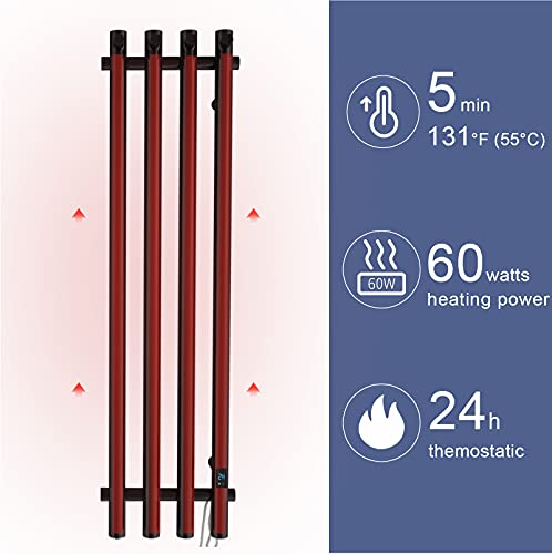 WarmRackCo Electric Heated Towel Rack with Timer - Black, Wall-Mounted Towel Warmer, 4 Vertical Bars, Plug-in or Hardwired, Round Luxury Design
